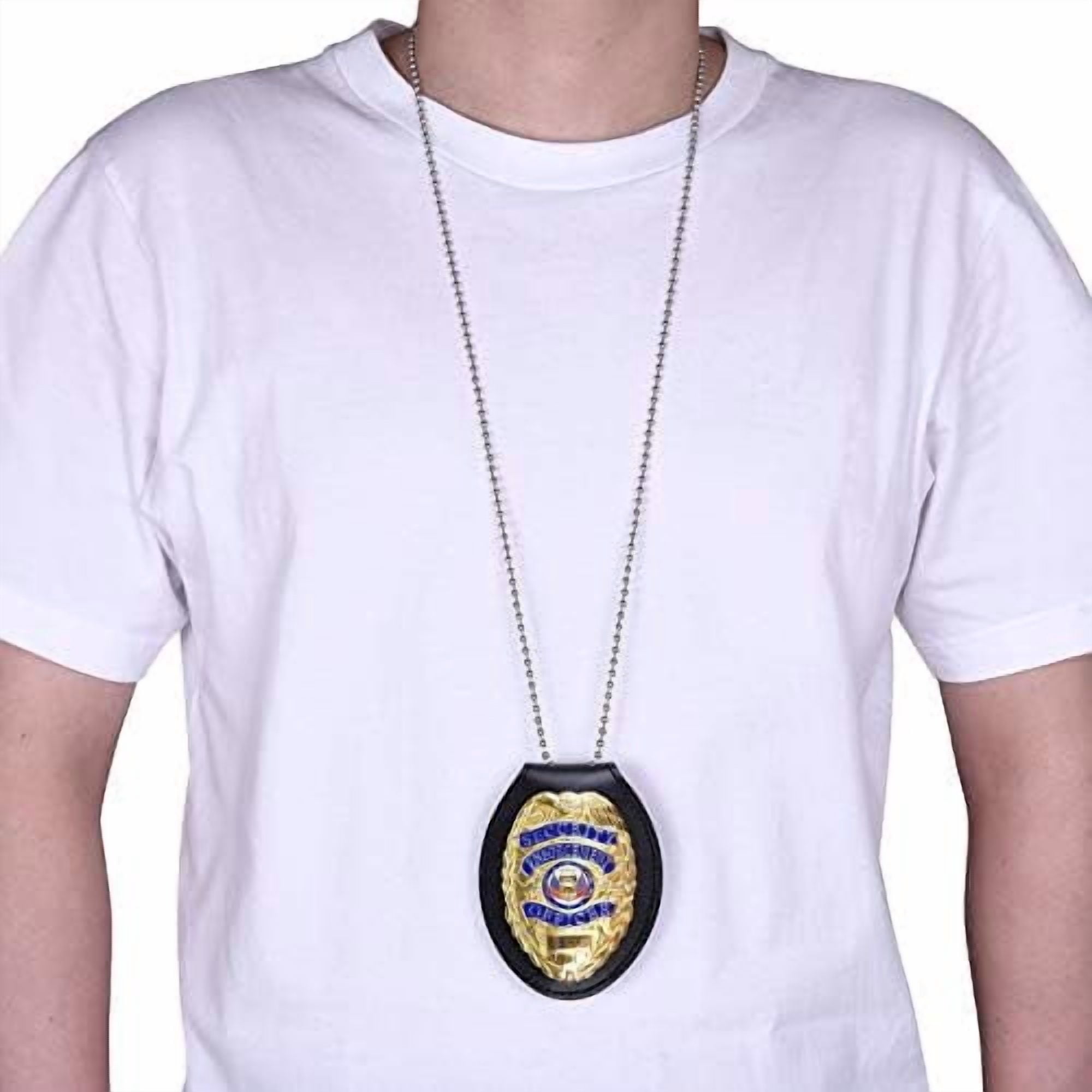 Quivanta Police Badge Holder, Cowhide Leather Universal Police Badge Holder Pocket Case with Stationary Mn-Steel Belt Clip, Hook and Loop Closure and Stainless Bead Chain Necklace- Oval Shape