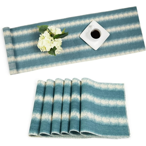 Juvale 7-Piece Set Blue Striped 72" Dining Linens Table Runners and Placemats
