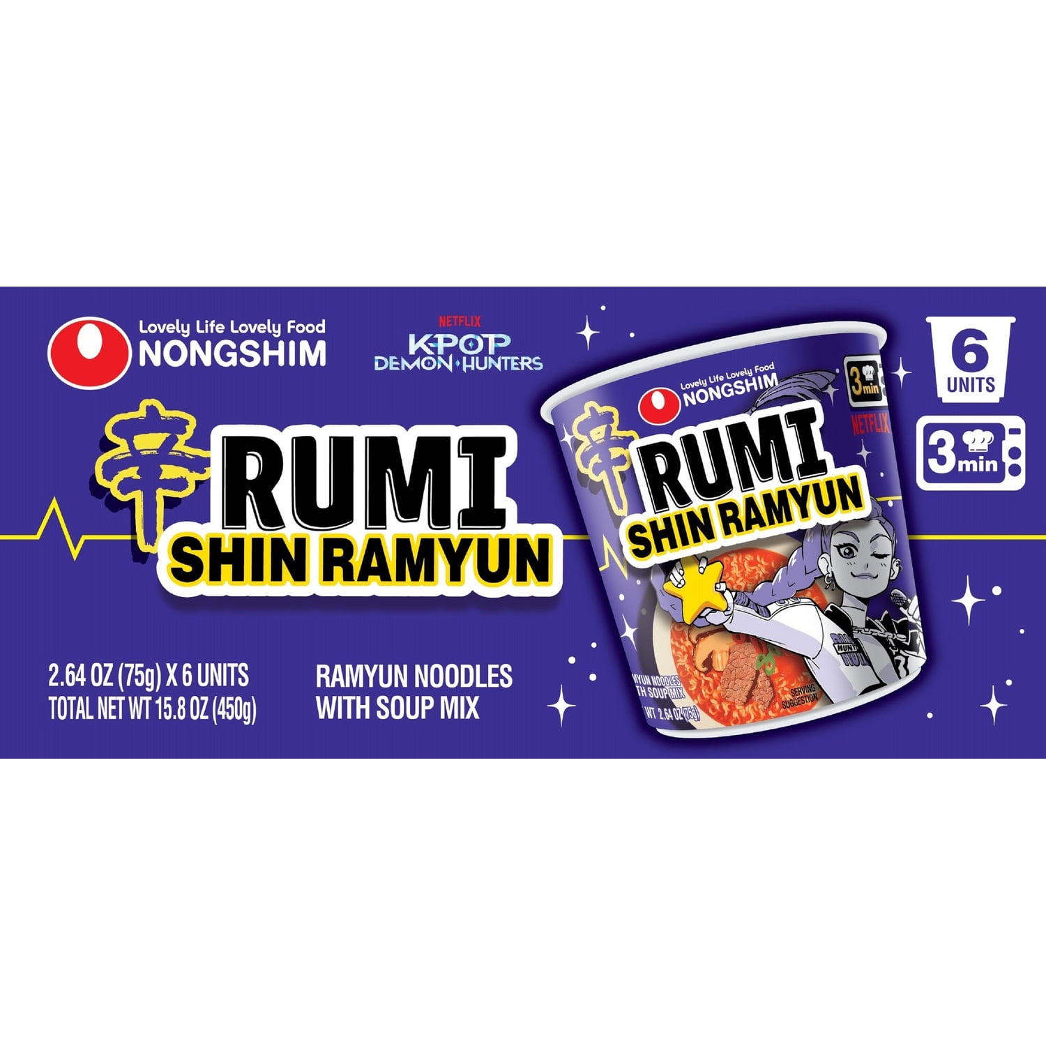 6 pack) Nongshim K-Pop Demon Hunters Rumi Shin Ramyun Spicy Beef