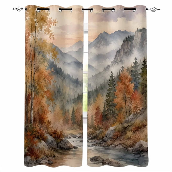 Fall Landscape Blackout Curtains for Bedroom Living Room, Orange Maple Trees Forest Mountain Peak 45 In Long Thermal Insulated Room Darkening Drapes Grommet Window Treatments, 52 x 45 In