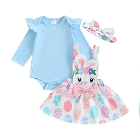 

Baby Girls Skirt Sets Long Sleeve Romper Tops Bunny/Easter Egg Print Suspender Skirt Headband Sets