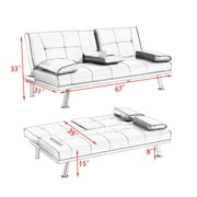 Aukfa Leather Futon Convertible Sofa Bed for Home Office, 2 Cup Holders, Twin Size, Red