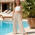 thumbnail image 2 of Girls Flowy Pants Girls Linen Pants Wide Leg School Uniform Pants Kids Elastic Waist Flowy Summer Beach Lounge Trousers with Pockets, 2 of 4