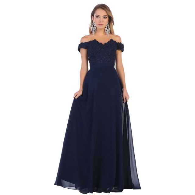 Formal Dress Shops Inc Off The Shoulder Prom Dress FDS1601 Navy Size 6