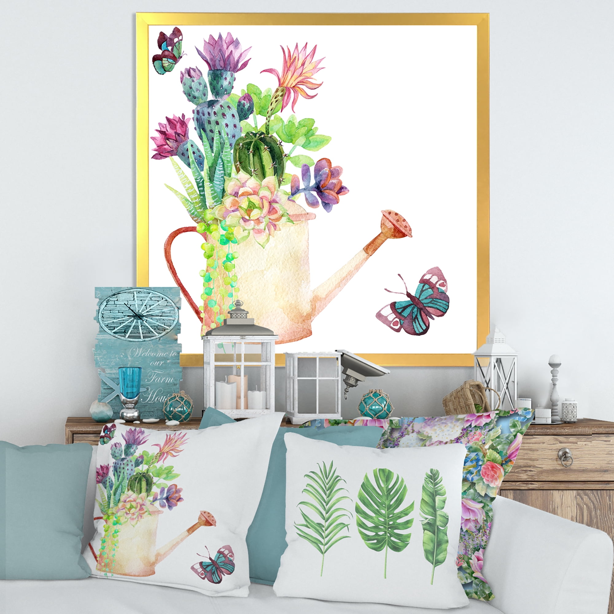 Succulents In Old Watering Can With Butterfly 30 in x 30 in Framed Painting Canvas Art Print, by Designart