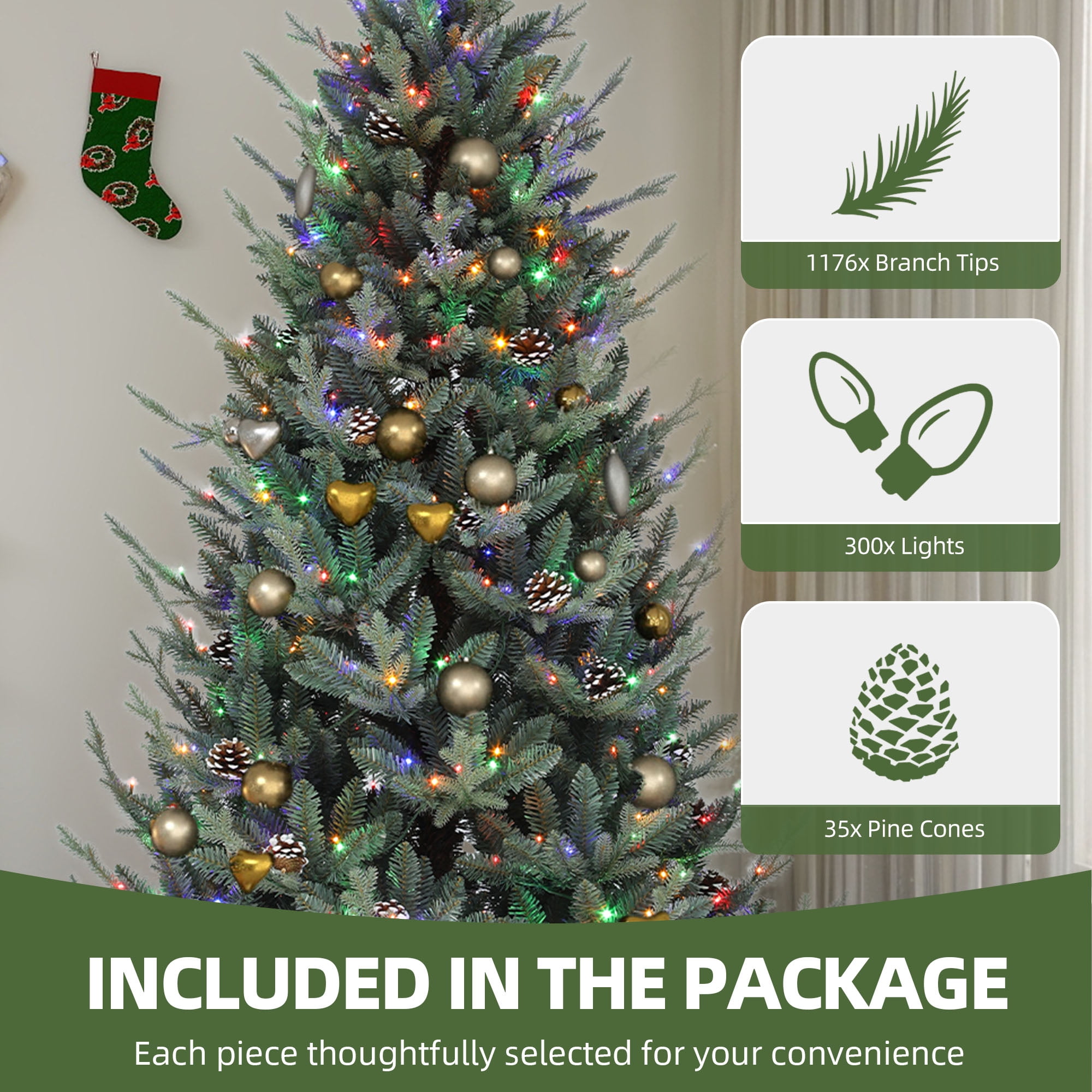 Uforic 6 ft Prelit Spruce Artificial Christmas Tree with 1176 PE&PVC Tips & 300 Lights,11 Light Modes