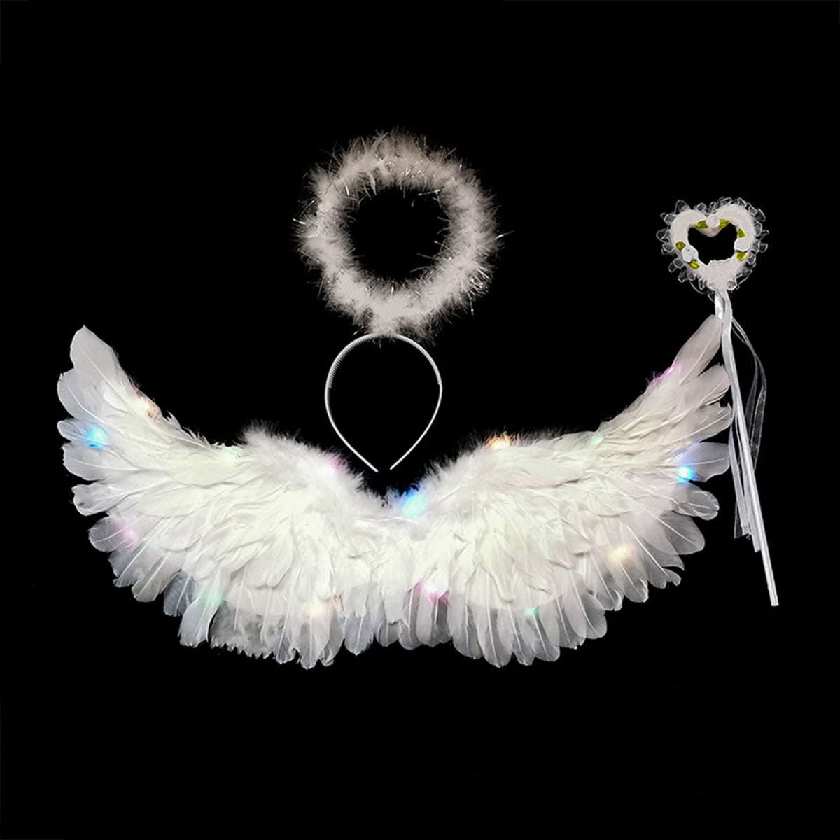 Light Up Angel Wings Halo Costume Fancy Dress Feather Kids Adult Party Accessory 