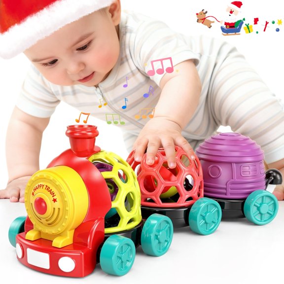 Ludolm Soft Ball Car Toys for Babies 6M , Infant Toys Train Baby Boy Toys Ball Rattle , Musical Toddler Push and Go Truck, Sensory Development Grasp Gift