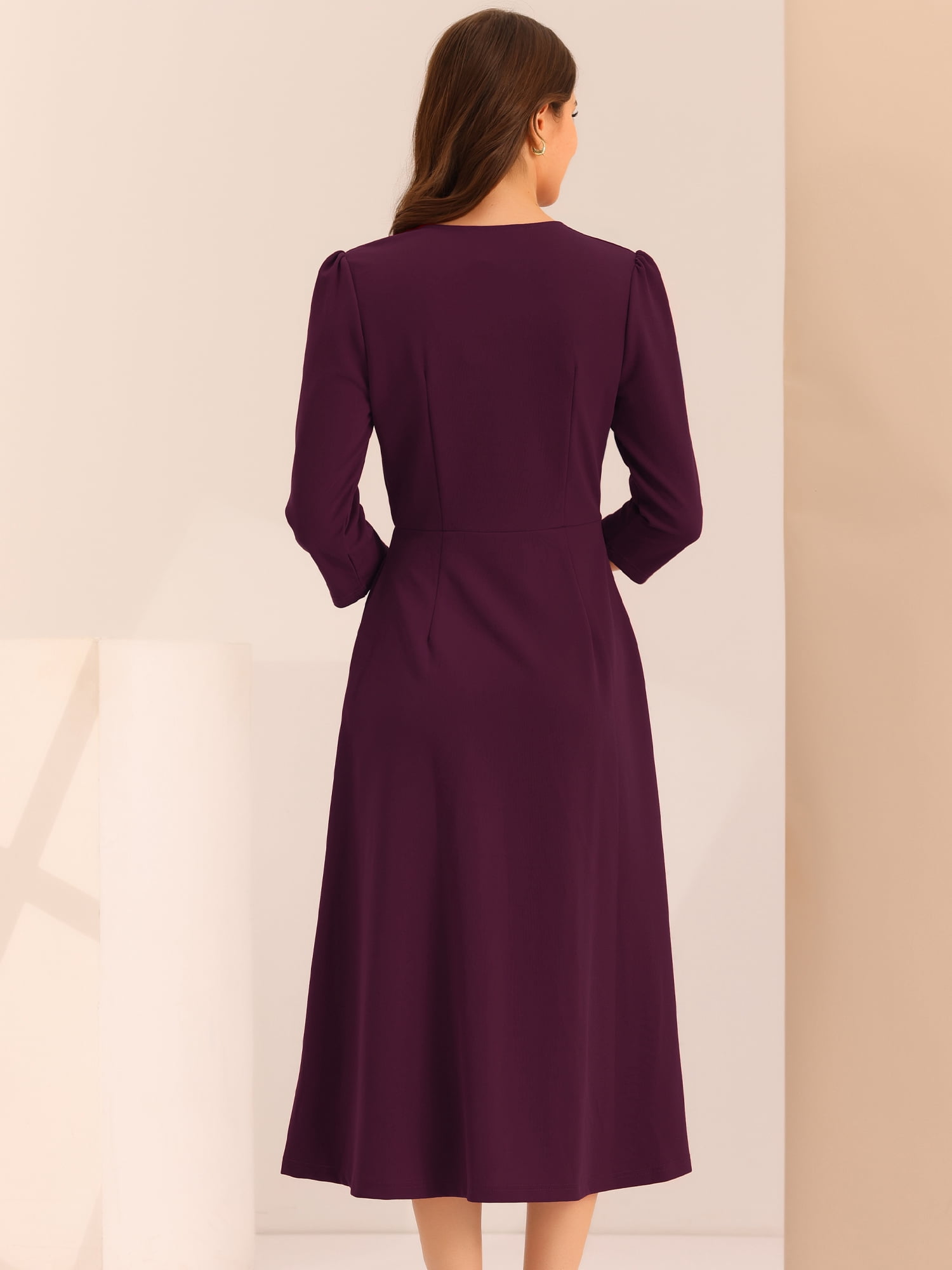 DARING DIVA Women's 3/4 Sleeve V Neck A-Line Midi Dress with Pockets S Deep Purple