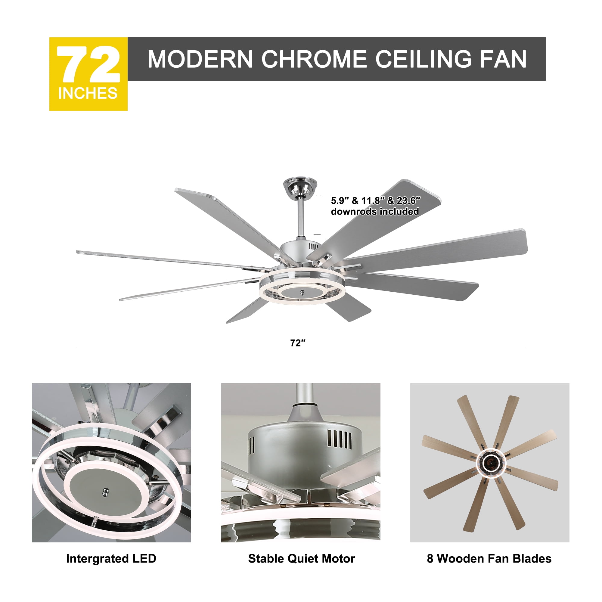 Chords Attic 72" Reversible 8-Blade Ceiling Fan with LED Lights, Remote 3-Color, 6-Speed and Timer