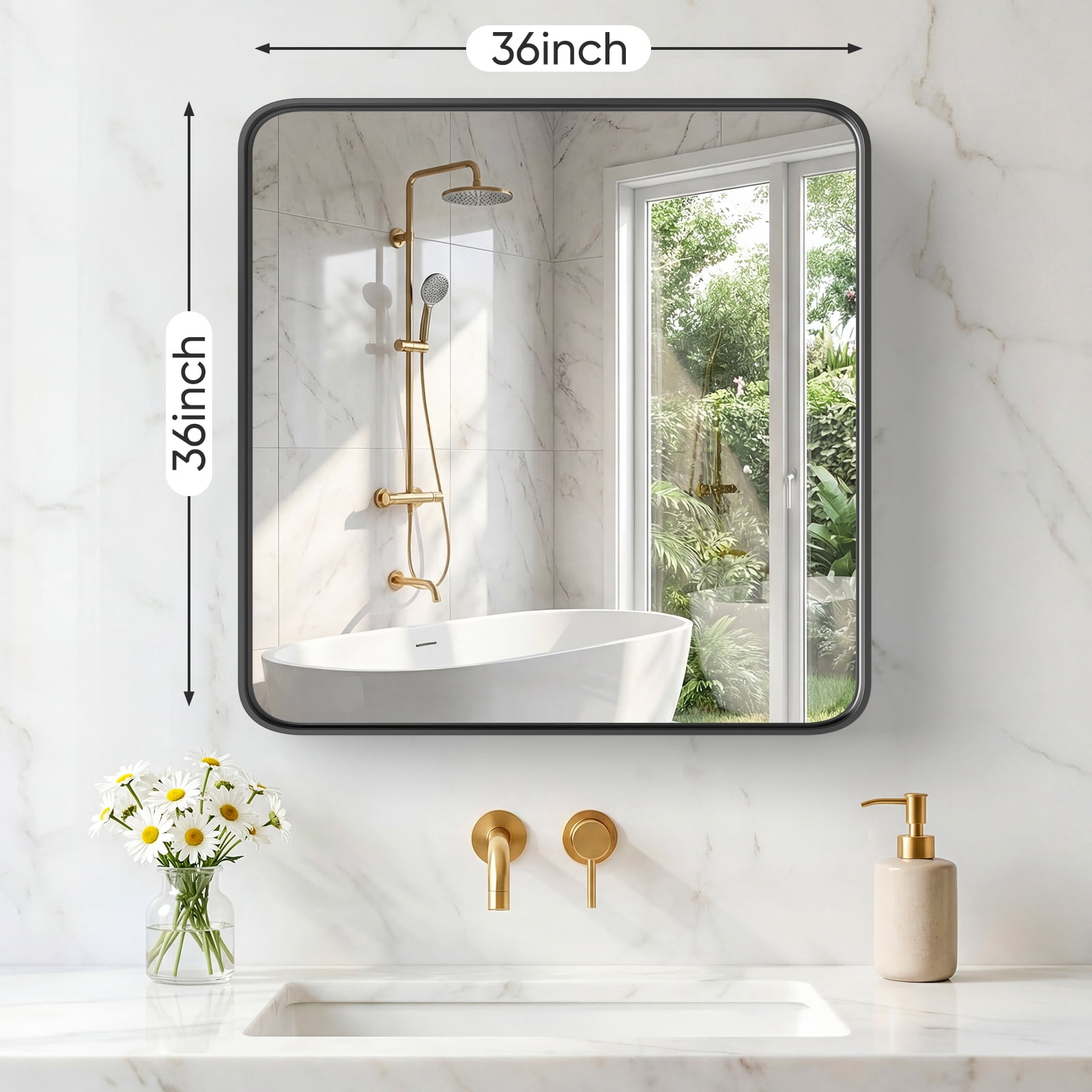 Gianna Anti-Fog Bathroom Wall Mirror – 36" x 36" Shatterproof Vanity Mirror with Rectangular Metal Frame, Black