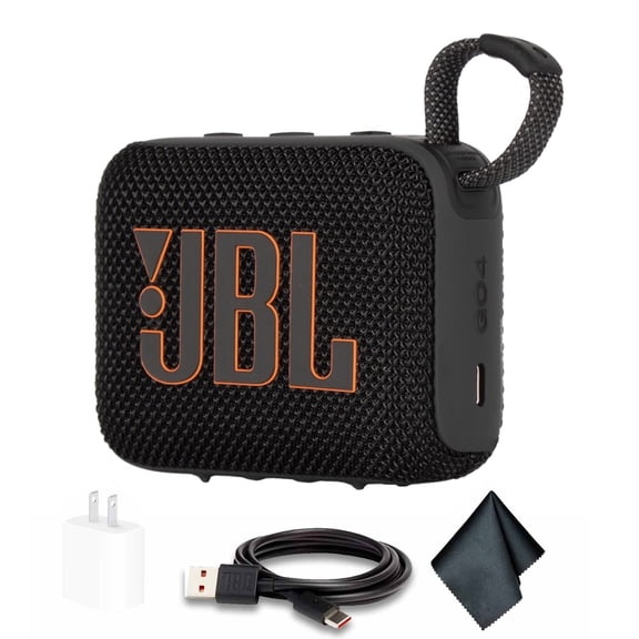 JBL Go 4 Portable Bluetooth Speaker, Built-in Battery, Waterproof and Dustproof - Black (JBLGO4BLKAM)   USB-C Adapter   MicroFiber Cloth (International Model)