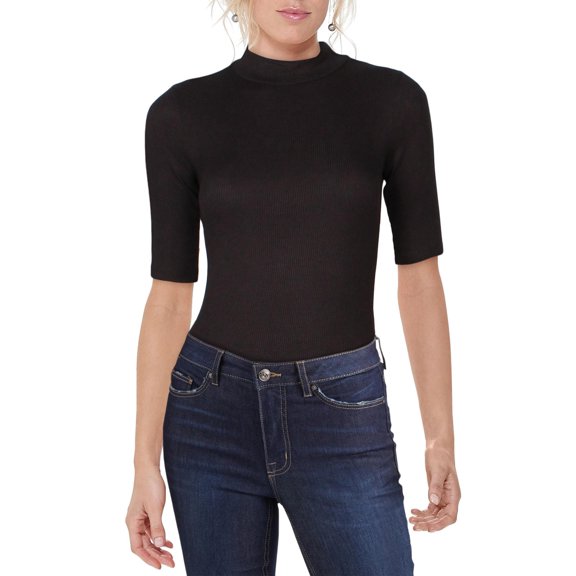 Belle du Jour Womens Juniors Ribbed Mock Neck Bodysuit Black S