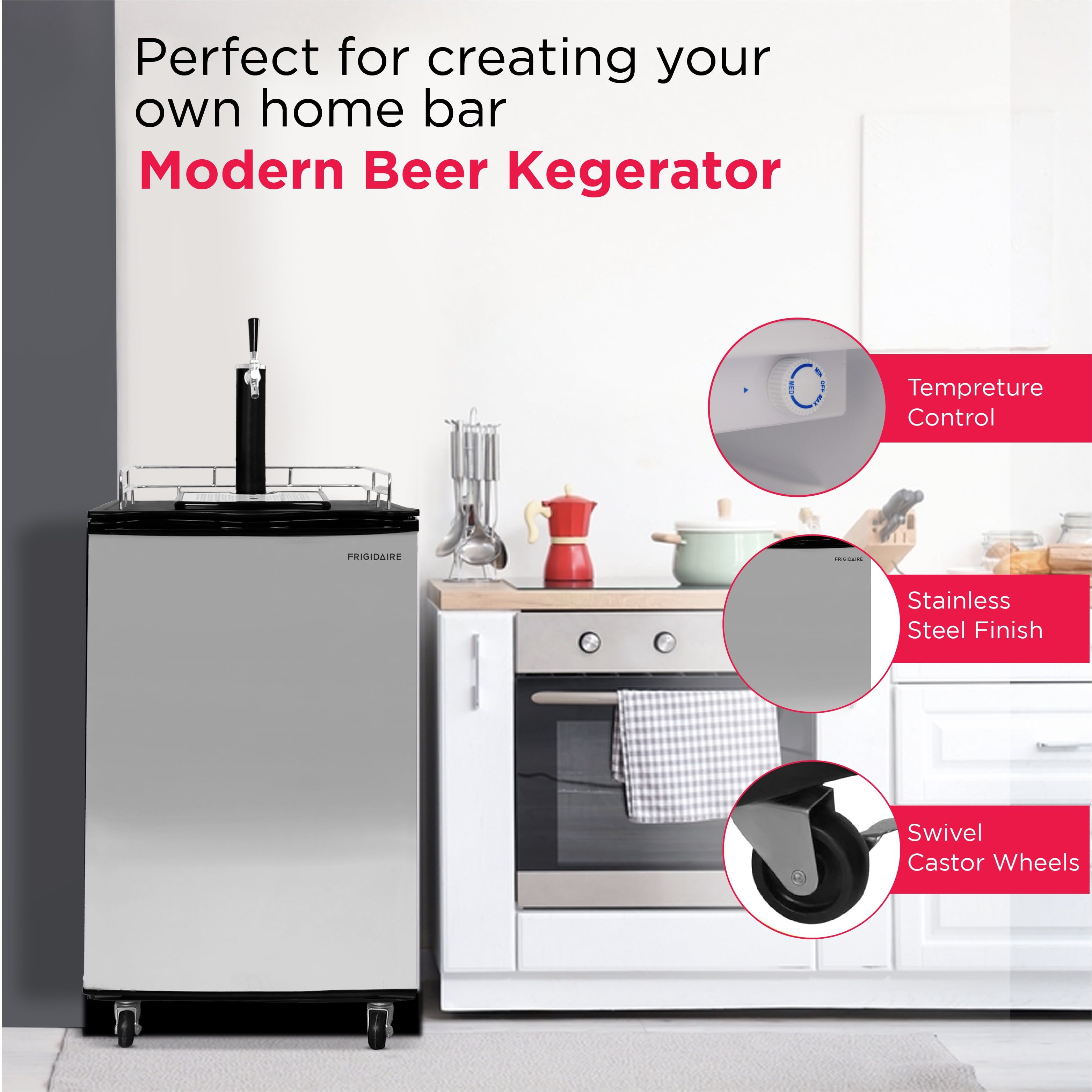 Frigidaire 6.1 Cubic Foot Kegerator Beer Bar, Stainless Steel, 4 ft, Commercial, Refrigerators