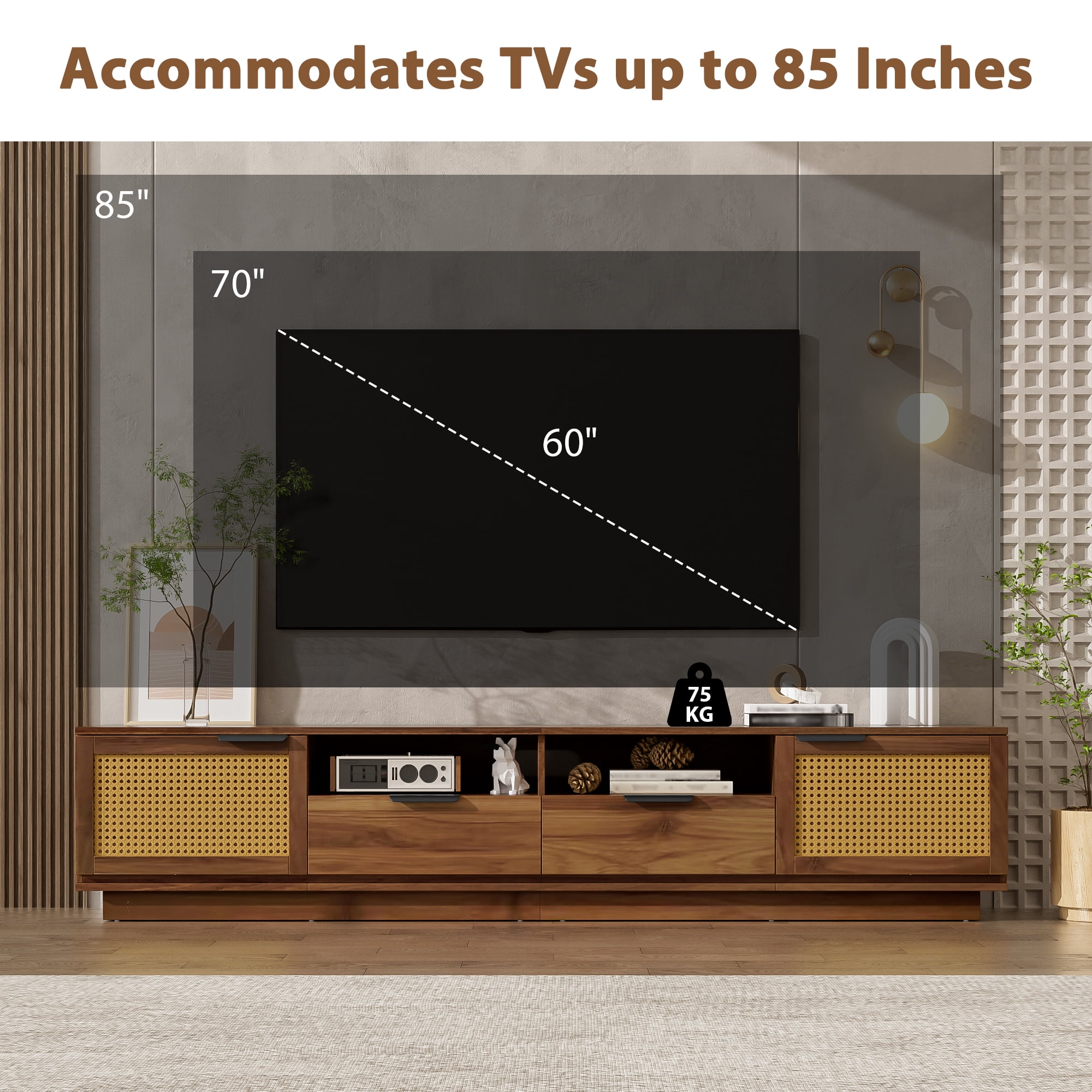 TV Stand for TVs up to 85 Inch, Rattan Media Console with 2 Drawers & Open Shelves, Entertainment Center with Storage Cabinets for Living Room