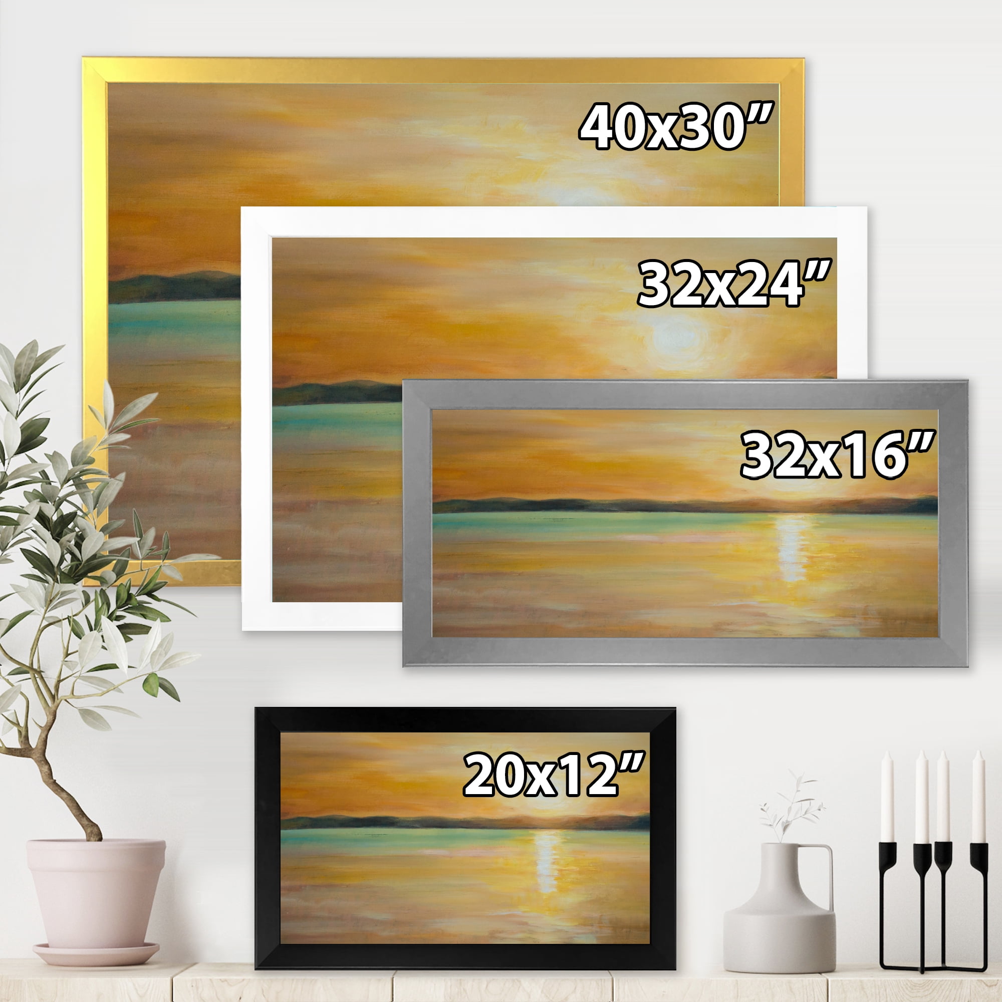 Designart 'Abstract Yellow Sunset At The Horizon' Nautical & Coastal Framed Art Print