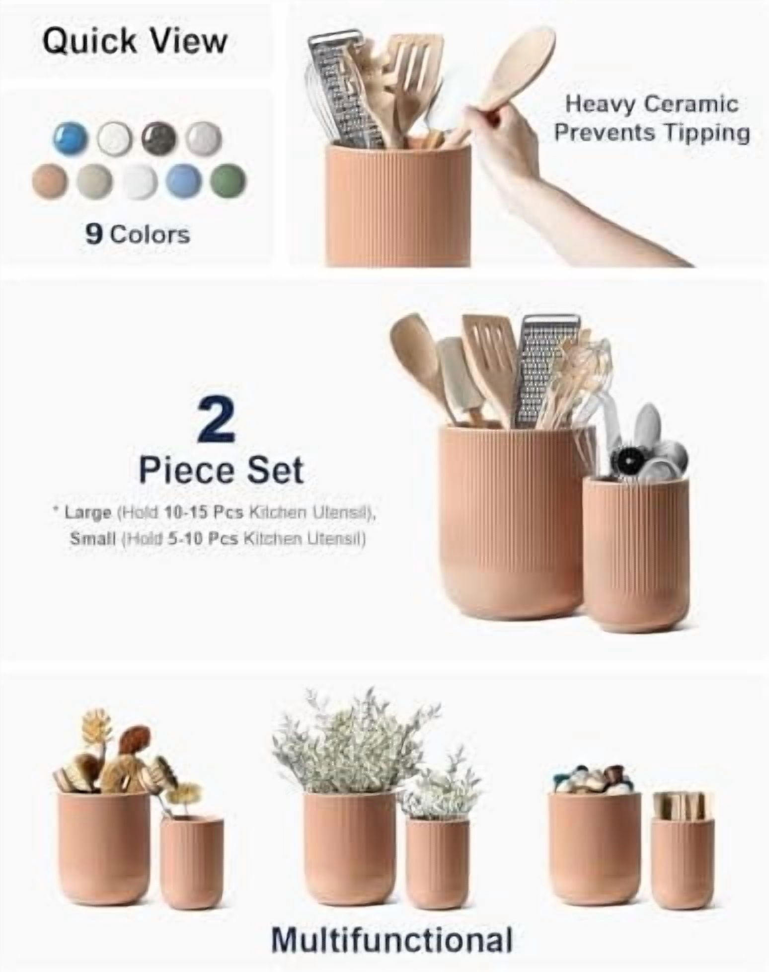 Utensil Holder for Kitchen Counter, 7.3"+5.4" Fluted Ceramic Utensil Crock Organizer for Countertop, Heavy Large Holder for Spatulas, Spoons, Set of 2, Dusty Coral