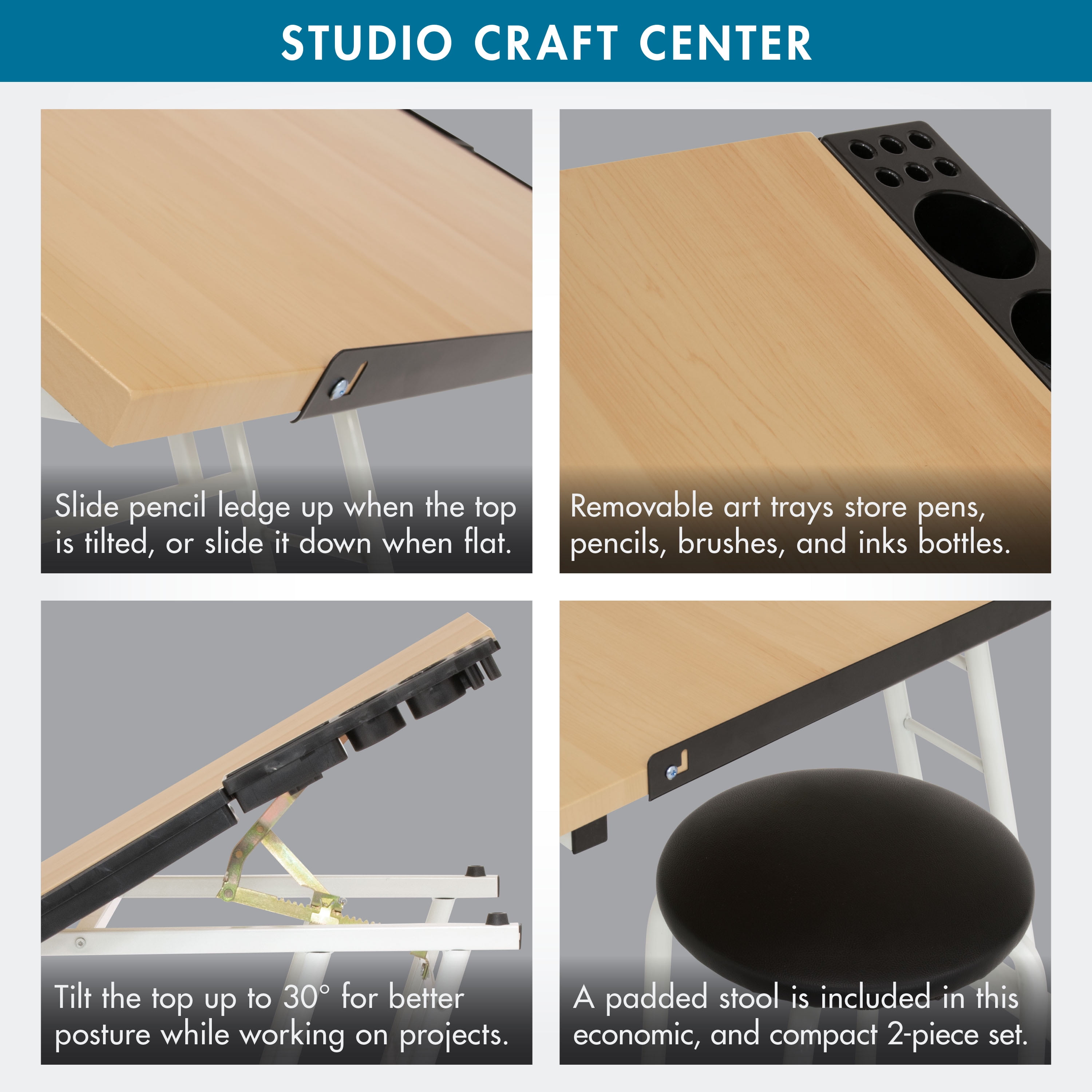 Studio Designs Studio Craft Rolling Drawing Drafting Craft Table with Stool Set, White/ Maple