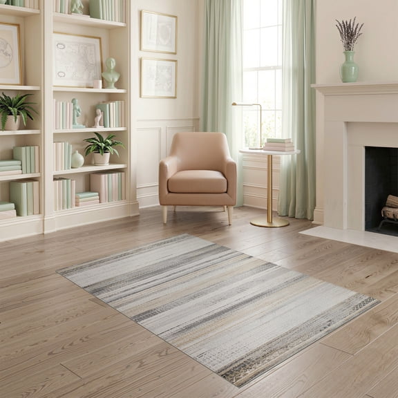 ODIKA 4'x6' Boho Farmhouse Striped Distressed Geometric Borders Tassel Stripe Washable Area Rug None for Home Office, Under Desk, Non-Slip Chair-Friendly, Flatwoven