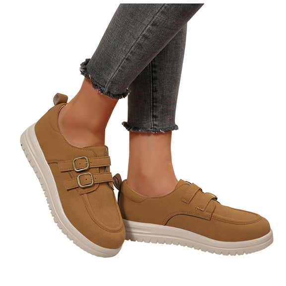Suede Loafers for Women Casual Round Toe Double Buckle Strap Platform Lug Sole Slip on Orthopedic Walking Shoes Brown Size 8