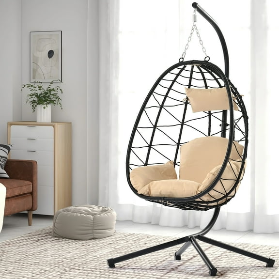 UHOMEPRO Hanging Wicker Egg Chair with Stand and Cushions, Outdoor Patio Foldable Swing Egg Chair, 350lbs Capacity All-Weather Rattan Hammock Chair for Patio Balcony Porch Garden, Beige