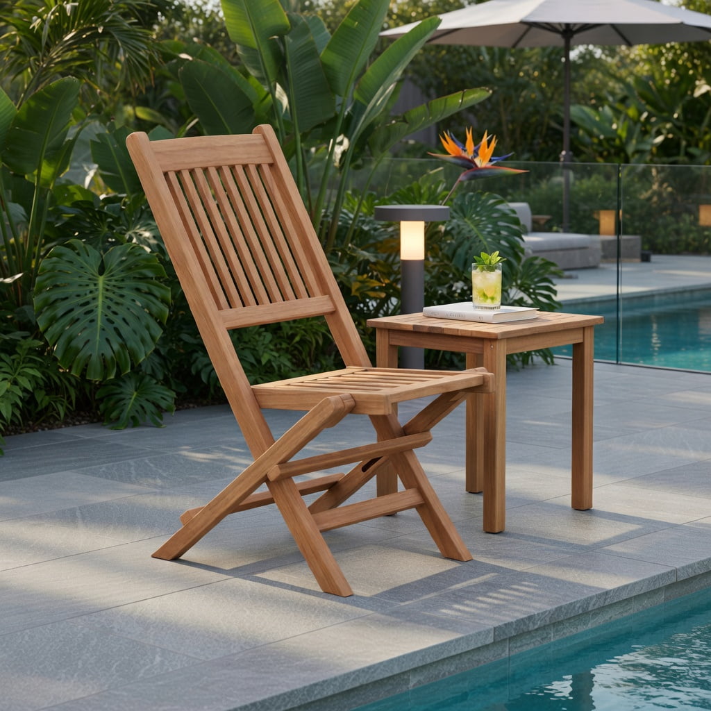 Hommoo Indonesia Teak Wood Folding Patio Dining Chair, Slatted Seat, Lightweight 10 lb Outdoor Chair for Backyard, Poolside & Camping, Natural