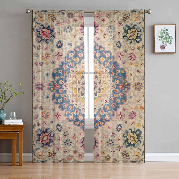 Boho Southwest Semi Sheer Curtains 84 Inch Length 2 Panels Set, Vintage Country Ethnic Nation Motifs Sheer Kitchen Curtain Privacy Voile Window Curtain for Living Room Bedroom Rod Pocket Drapes