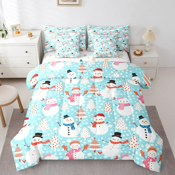jejeloiu Cartoon Christmas Snowmen Twin Bedding Sets 7-Piece,Circle Dot Pine Bedding Comforter Set,Merry Xmas Theme Sheet Sets For Children,Breathable Home Decor Reversible