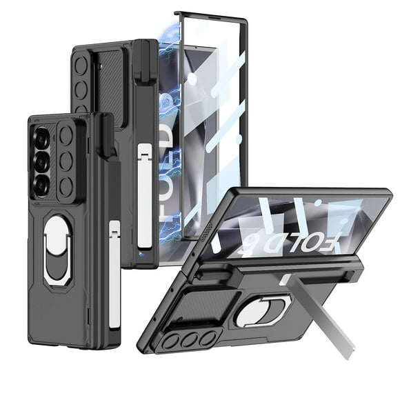 适用于三星 Galaxy Z Fold 6 护甲保护壳，带 S 笔架、屏幕保护膜、滑动摄像头盖、铰链保护和环形支架