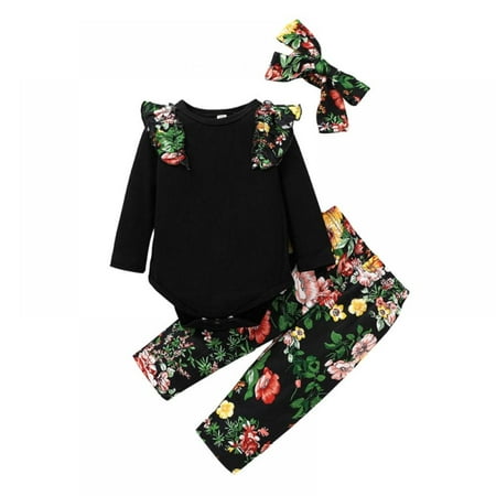 

BULLPIANO 3Pcs/set Newborn Baby Girl Long Sleeve Cotton Romper Outfit Toddler Tops+Flower Pants+Headband Clothes Set 0-24M