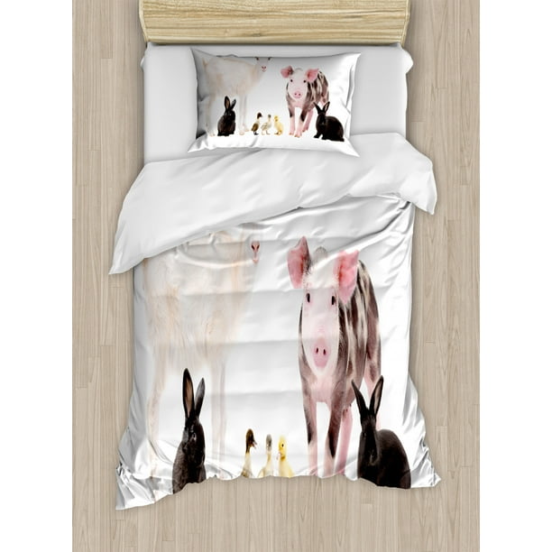 Farm Animal Duvet Cover Set Twin Size Studio Shot Of Cute Baby Domestic Creatures Ducks Pig Goat And Bunnies 2 Piece Bedding With 1 Pillow Sham Multicolor By Ambesonne Com - Animal Picture Duvet Cover