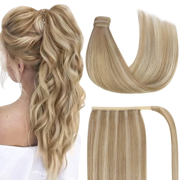 Sunny Hair Extensions de Queue de Cheval pour Femmes, Vrais Cheveux Humains, Extension de Queue de Cheval à Enrouler avec Pince, Cheveux Humains, 80 g, Pièce de Queue de Cheval Lisse, Blond Cendré Foncé, Mèches, Doré