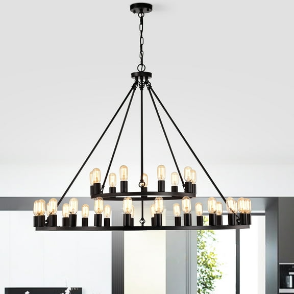 Ellis Matte Black 33-Light 48-inch 2-Tiered Round Wagon Wheel Chandelier