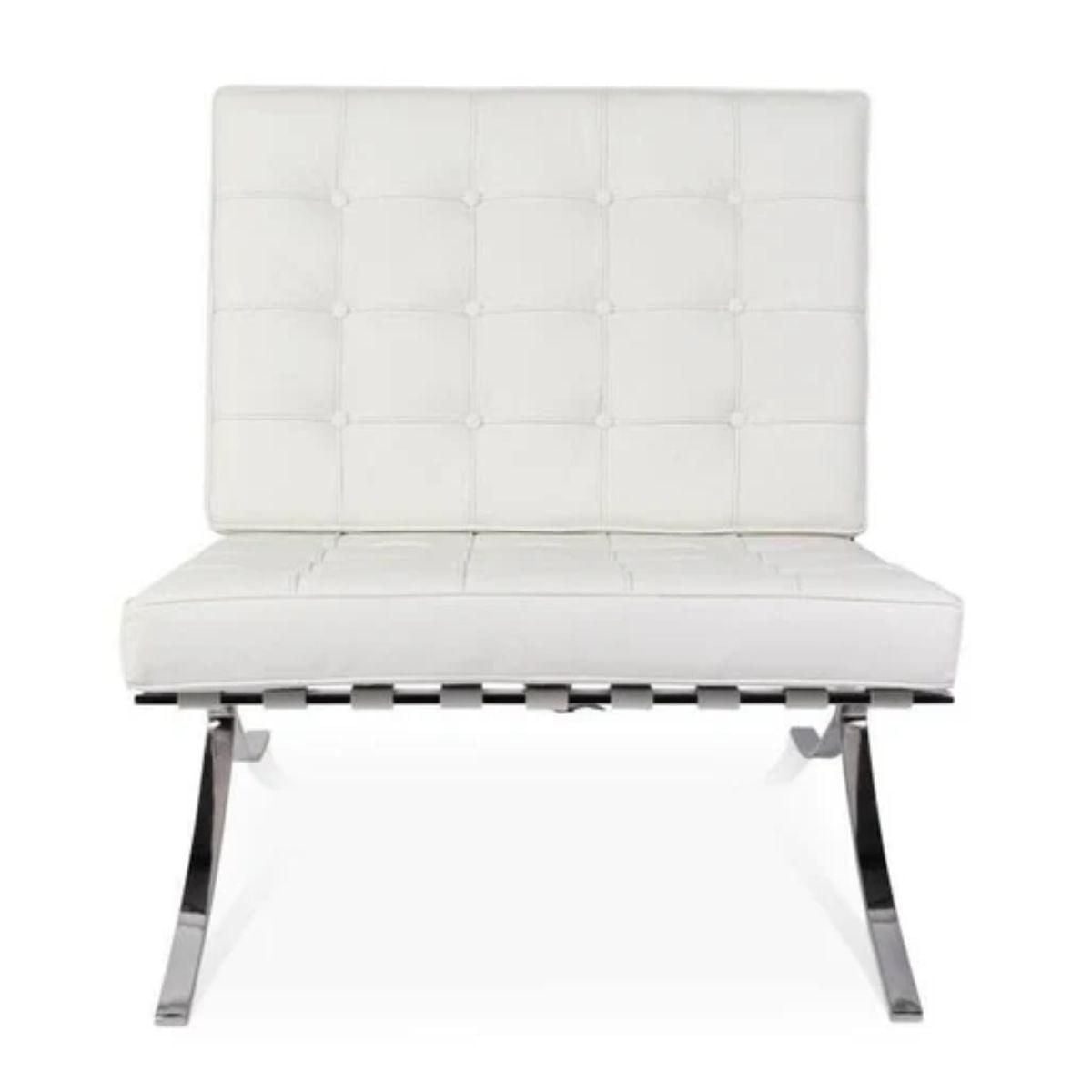White Lounge Chair – Mid-Century Barcelona Style with Stainless Steel Legs and Premium Leather Upholstery, Combining Timeless Elegance and Modern Comfort