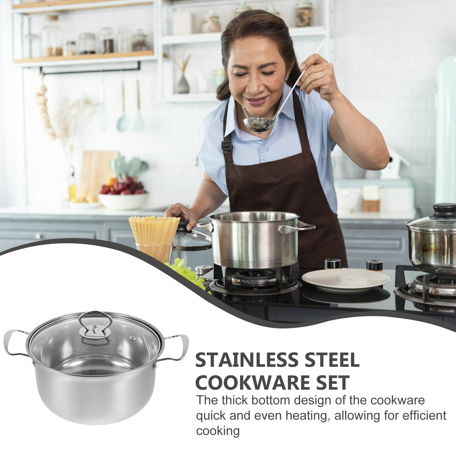 Batterie De Cuisine Inox 3 Pièces - Marmite, Casserole, Poêle - Acier Inoxydable, Fond épais, Cuisson Rapide