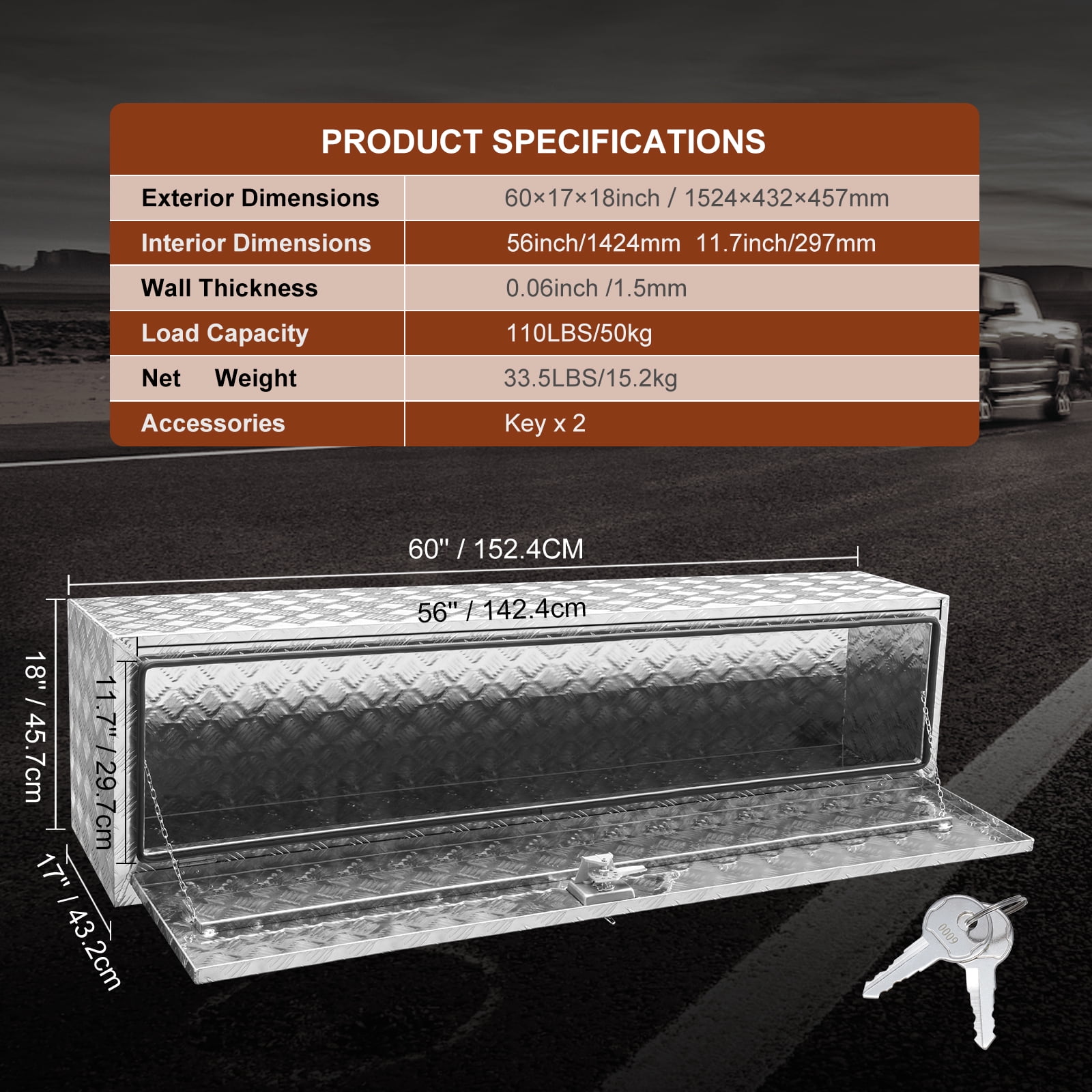 VEVOR Underbody Truck Box, 60"×17"×18" Pickup Storage Box, Heavy Duty Aluminum Diamond Plate Tool Box with Lock and Keys, Waterproof Trailer Storage Box with T-Handle Latch for Truck, Van, Trailer