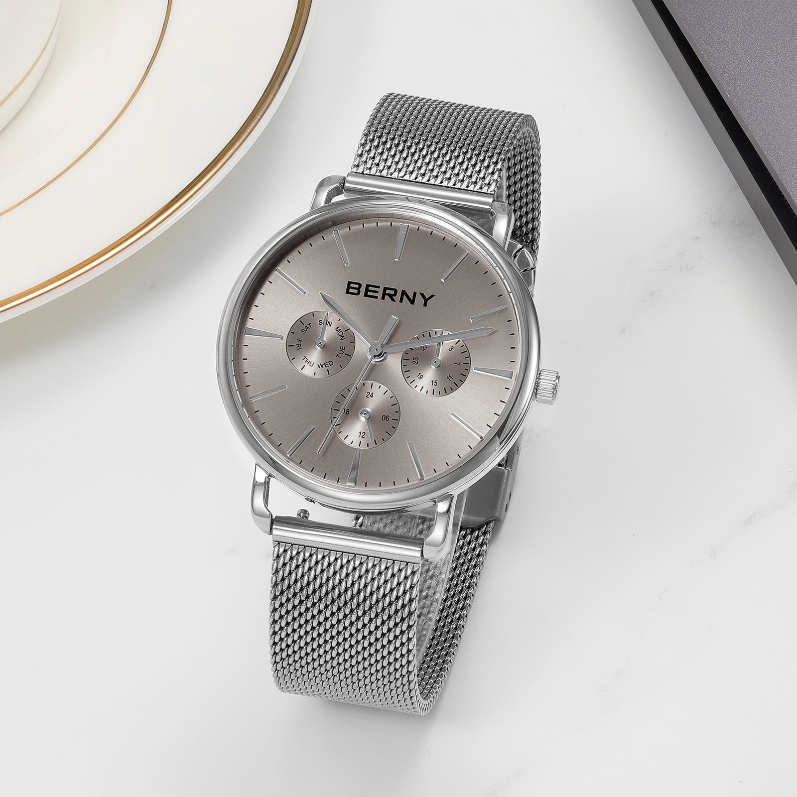 BERNY Quartz Watch for Unisex ( Men and Women), Classic Waterproof Men's Wirstwatch with Multifunctional Dials, Quick Release Stainless Steel Mesh Band, Gray Dial