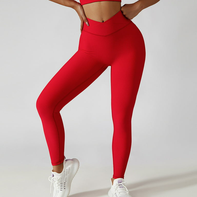 RQYYD Women Ribbed Seamless Leggings High Waisted Workout Gym Yoga Pants  Butt Lifting Tummy Control Tights Red L