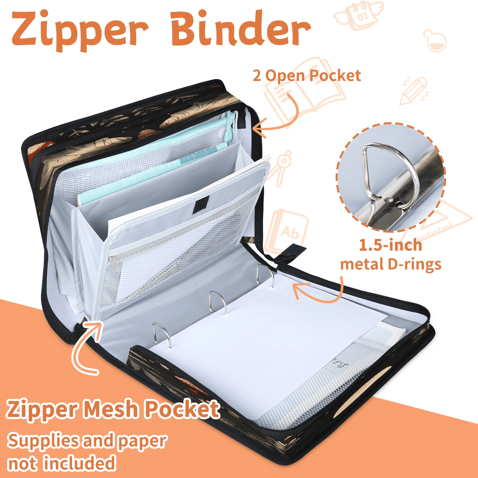 Herdesigns Butterflies Zipper Binder with Shoulder Strap, Waterproof 1.5 Inch 3 D-Ring Binder Organizer Bag, Fits 13 Inch Laptop for Work, Animal