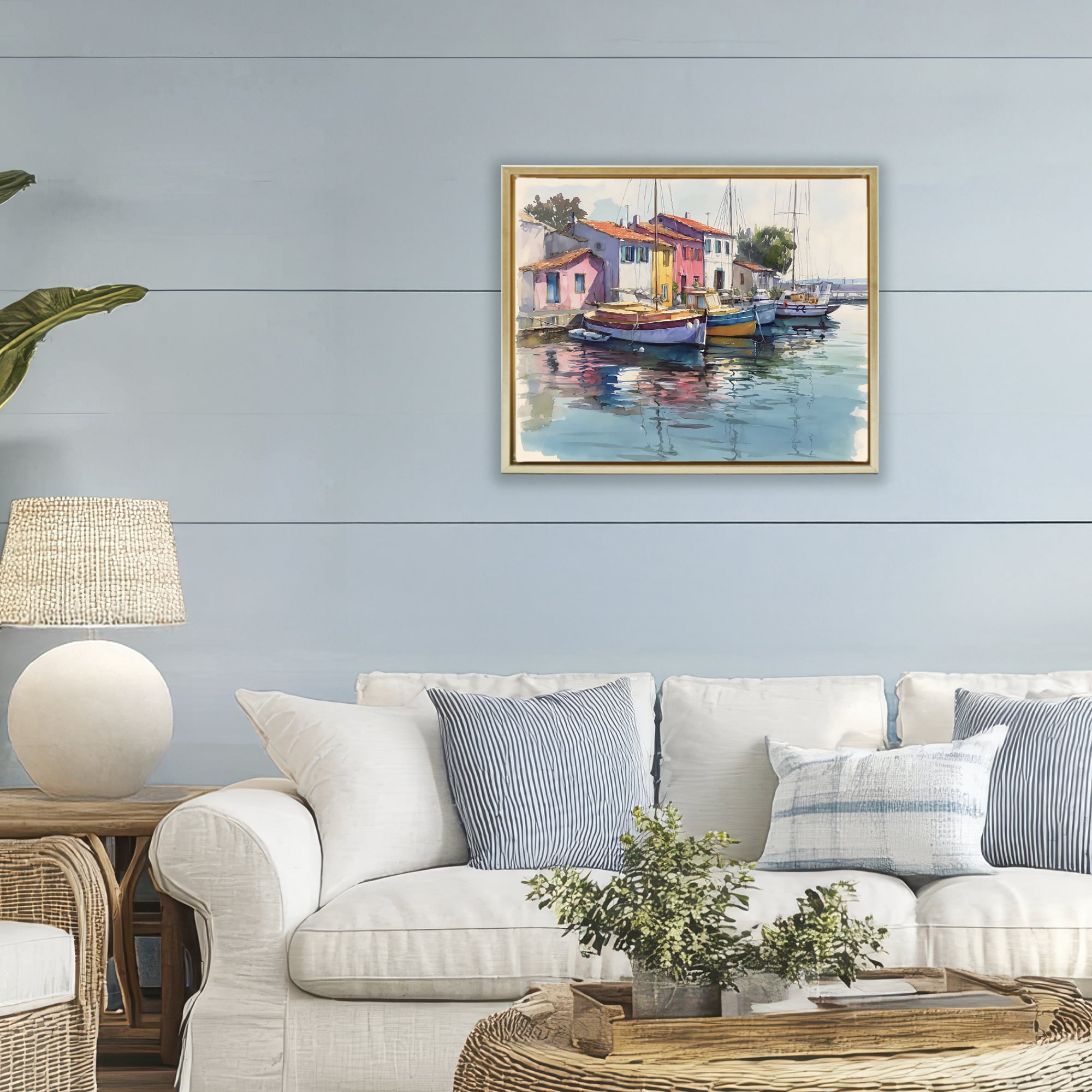 Stupell Industries Colorful Docks Harbor Gold Framed Floater Canvas Wall Art, design by Franklyn Gregory