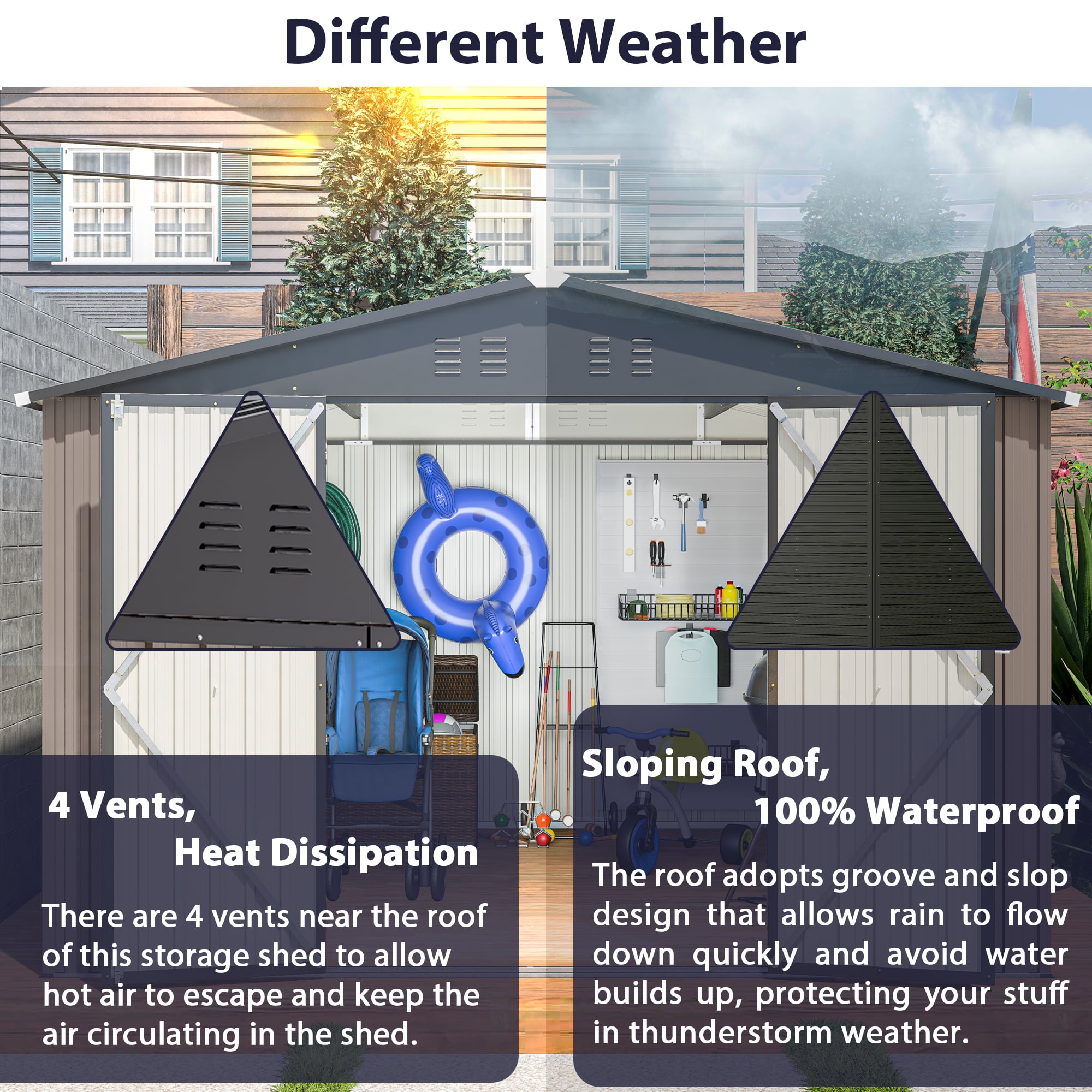 MAYEERTY 10x10FT Outdoor Metal Storage Shed, Galvanized Steel Tool Shed with Lockable Doors & Ventilation, All-Weather Waterproof Organizer for Backyard, Garden & Patio