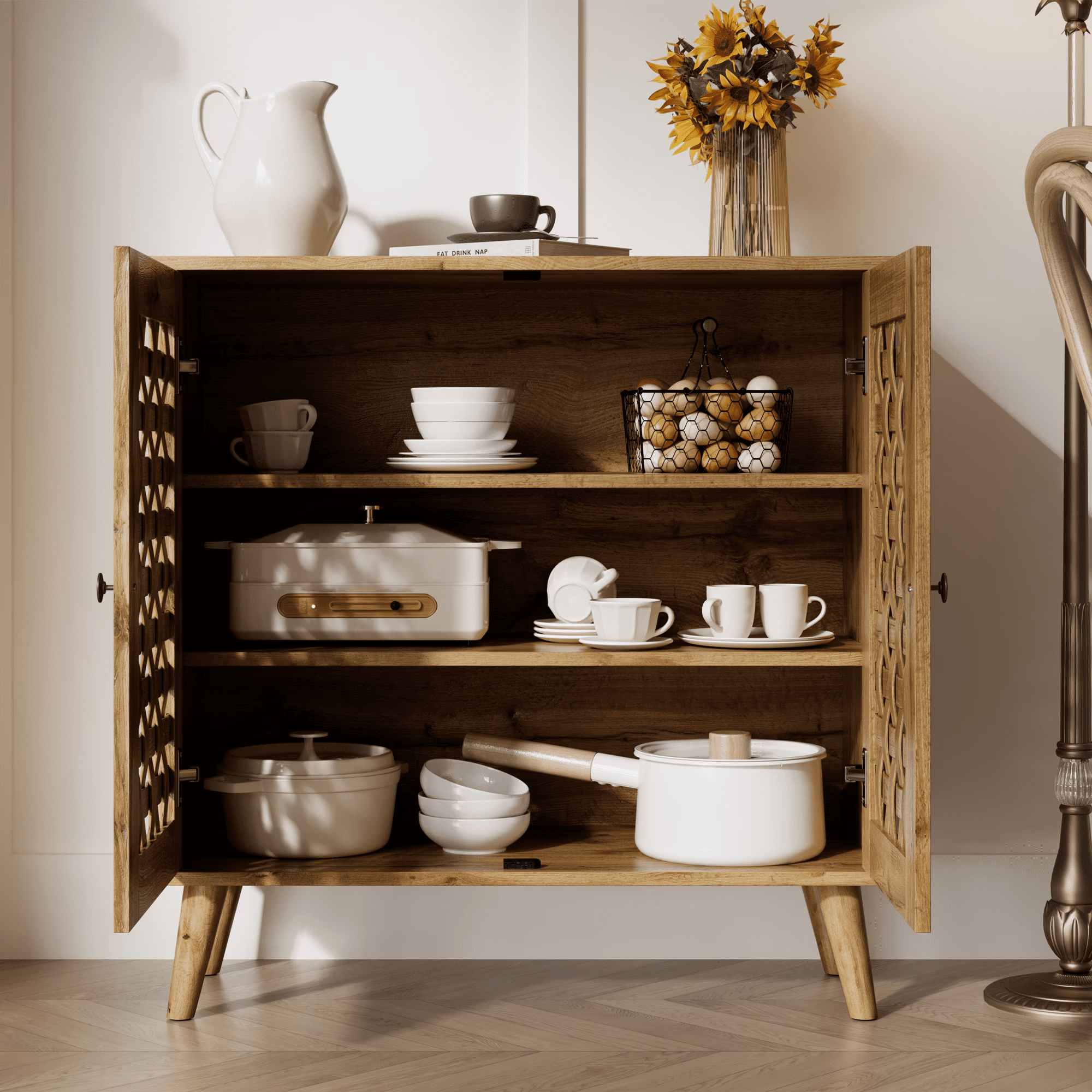 2-Door Storage Cabinet with Basket Weave Ventilated Doors, Vintage Buffet Sideboard with Adjustable Shelves, Coffee Bar Cabinet for Dining Room Entryway Living Room