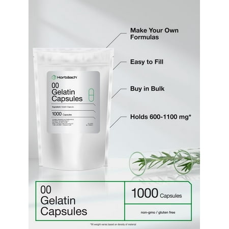 Clear Empty Capsules Size 00 | 1000 Gelatin Capsules | Resealable Bag | Non-GMO, Gluten Free | By Horbaach