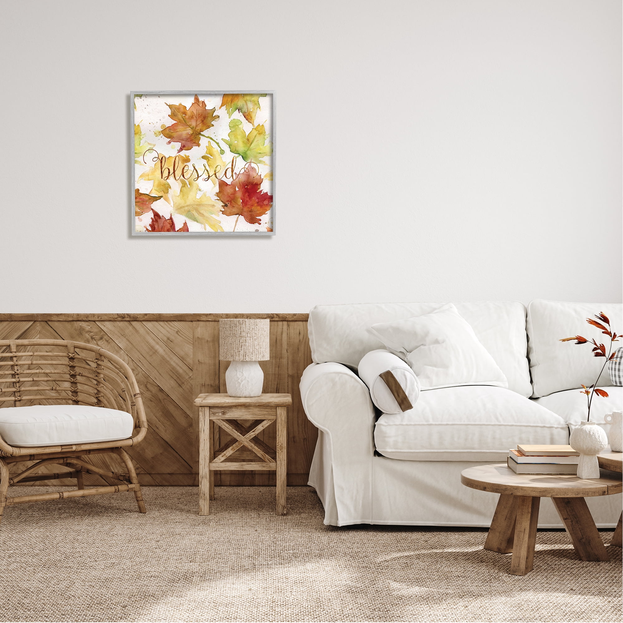 Stupell Industries Blessed Fall Maple Leaves Holiday Painting Gray Framed Art Print Wall Art, 24 x 24