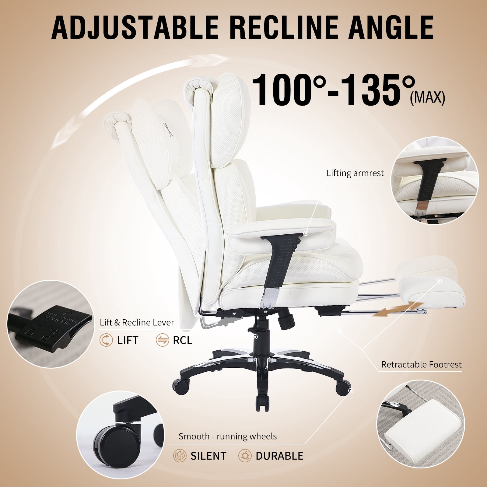 ATMILD 400lbs Big & Tall  Comfortable Stylish PU Leather Home Office Desk Chair with Footrest & Lumbar Support (White)