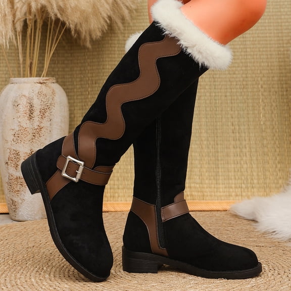 Willtoo Women's Color Block Knee High Winter Boots, Round Toe Metal Buckle Strap Low Block Heel Boots, Plush Cuff Non Slip Warm Fashion Boots