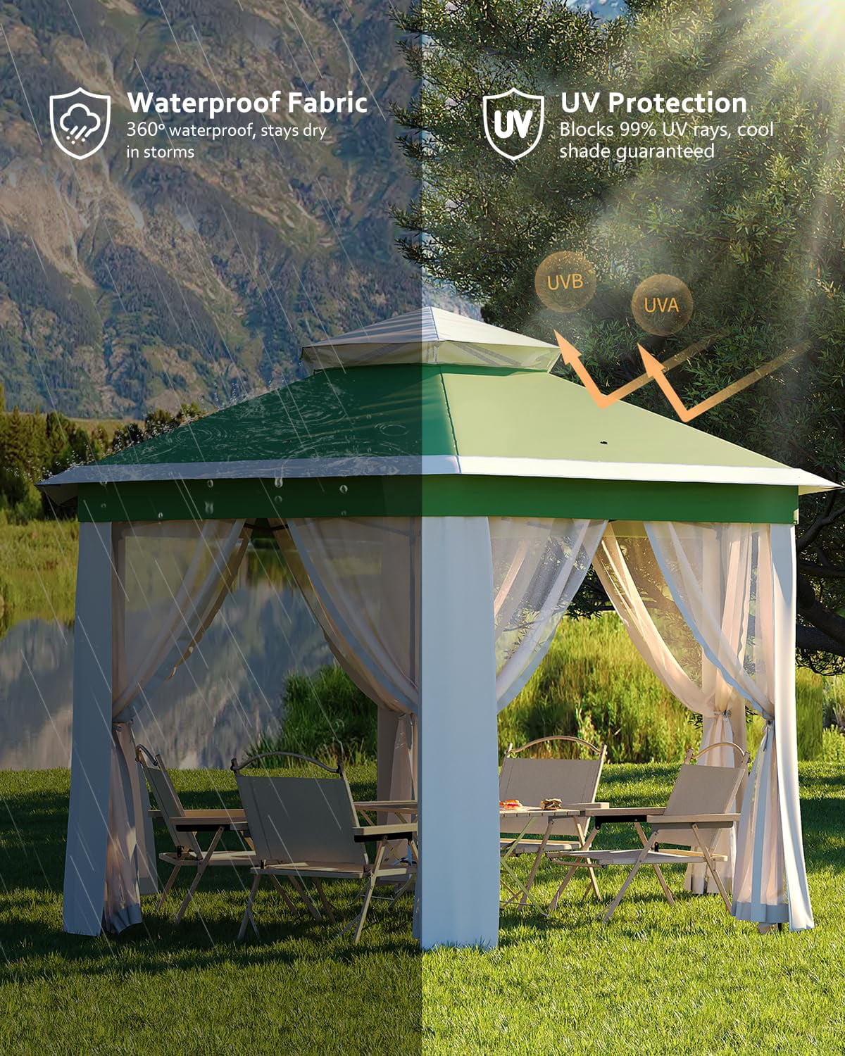 Luku 13'x13' Pop-Up Gazebo, Outdoor Hexagonal Patio Gazebo with Mosquito Netting, Instant Setup Canopy Tent with Strong Steel Frame and Sandbags, for Backyard, Gardens, Patio