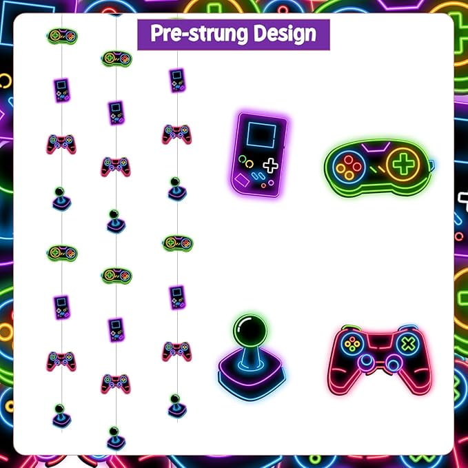 8Pcs Neon Video Game Theme Streamers Garlands Banners for Boy - Game Ceiling Wall Hanging Decors Colorful Gaming Birthday Baby Shower Party Decorations Photo Booth Props…