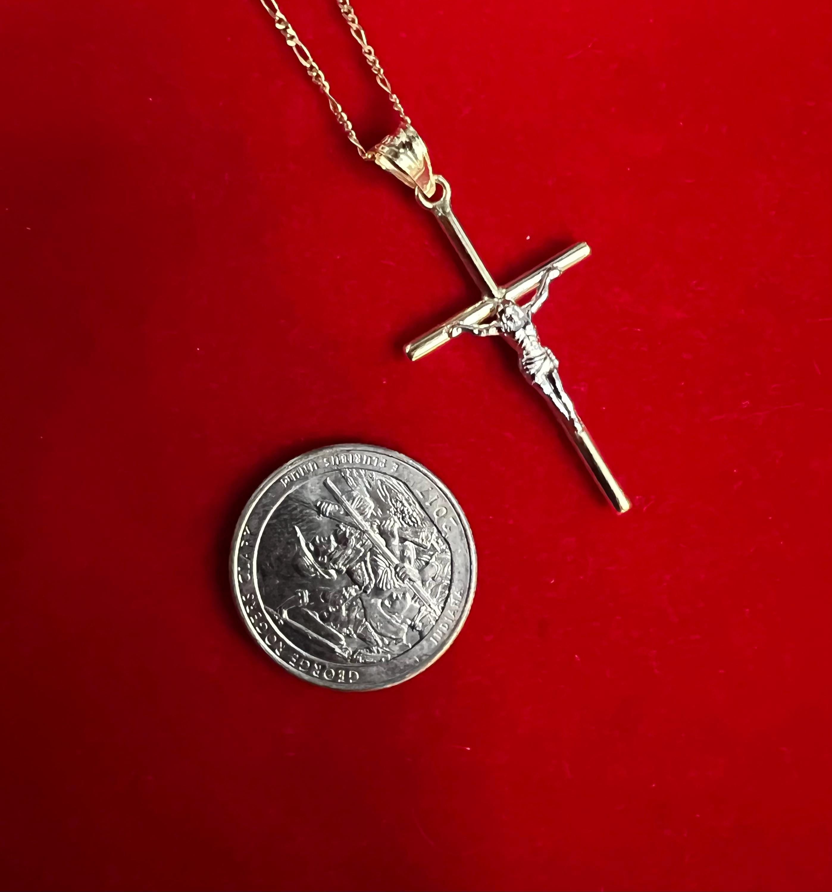 10k Real Gold Jesus Crucifix Pendants Necklace, 10k Real Gold Two Tone Cross with 10k Solid Gold 1mm Figaro Chain, Cross, 10k Gold Cross (Chain Lenght:with 16'' chain;)