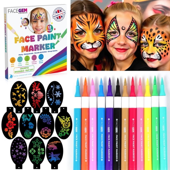 Pintura facial de 12 colores - A base de agua - Kit de pintura facial sin ensuciar con plantillas - Pintura facial lavable de secado rápido fácil de limpiar Pintura facial no tóxica para festivales, f